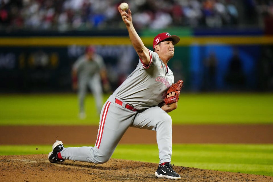 North Vancouver's Indigo Diaz pitches for Team Canada against the U.S.A. in a World Baseball Classic game at Chase Field on March 13 in Phoenix, AZ. | Daniel Shirey via Alykhan Ravjiani / Toronto Blue Jays 