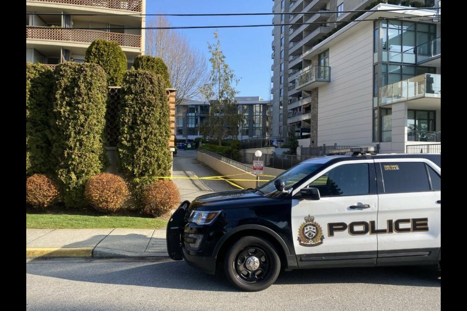 An apartment building in West Vancouver was cordoned off by police following an attack in the parkade that resulted in the a man's death on Tuesday afternoon. | Mina Kerr-Lazenby / North Shore News