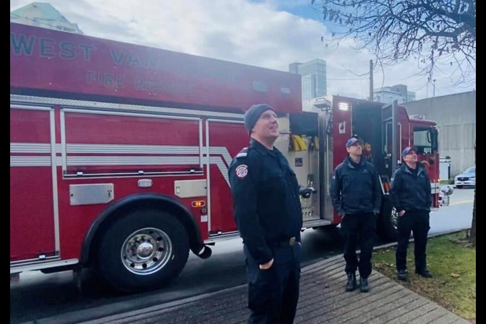 West Vancouver Fire & Rescue members sing Happy Birthday to 100-year-old West Vancouver resident Maud Hill, March 7, 2023. | Giselle Portenier 