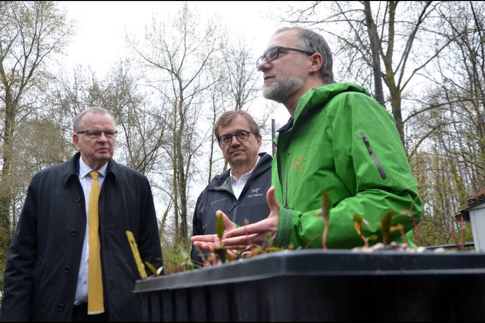 Wild Bird Trust of B.C. president Irwin Oostindie discusses the importance of Coast Salish plants with federal Natural Resources Minister Jonathan Wilkinson and provincial Forest Minister Bruce Ralston at North Vancouver's Maplewood Conservation Area, April 18, 2023. | Brent Richter / North Shore News 