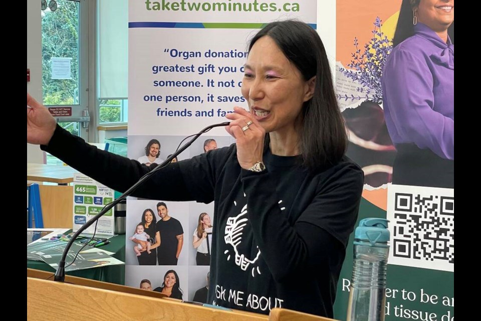 Capilano University professor Carrie Jung describes her transplant journey during Green Shirt Day April 7. | Jane Seyd / North Shore News