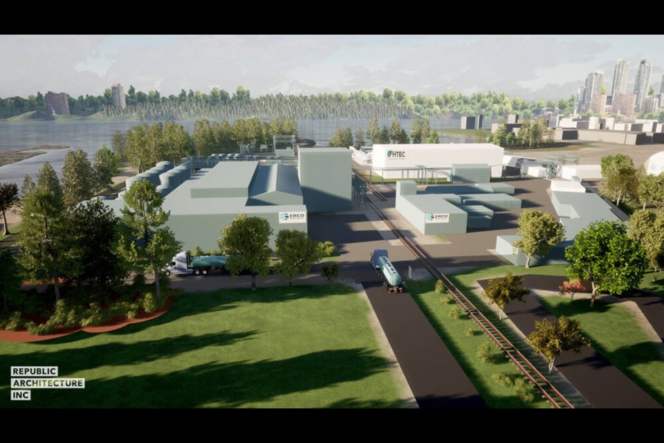 A design graphic shows HTEC's proposed new hydrogen processing plant in North Vancouver as seen from the north. | Republic Architecture Inc. 