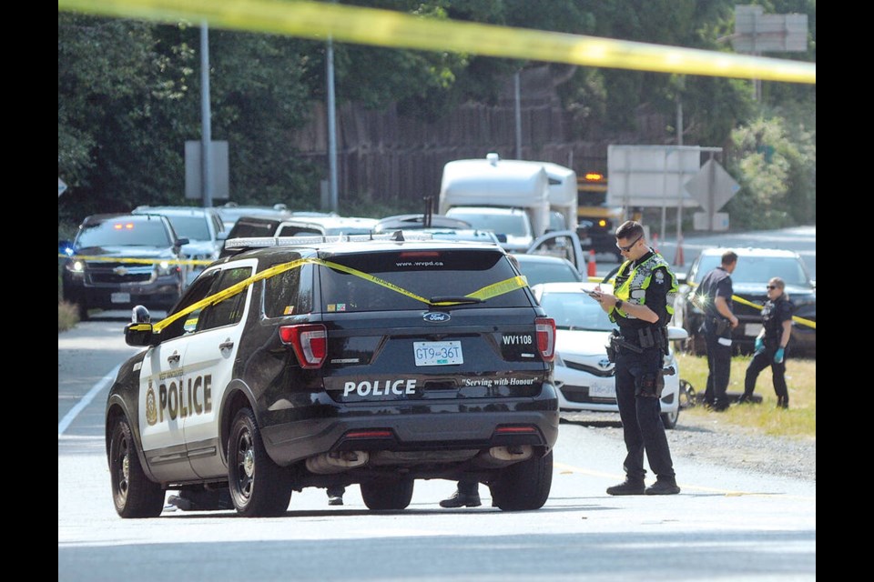 West Vancouver police and the Independent Investigations Office remain on the scene off Highway 1 after an impaired driving complaint ended in "an exchange of gunfire," early in the morning on June 26, 2023. | Paul McGrath / North Shore News 