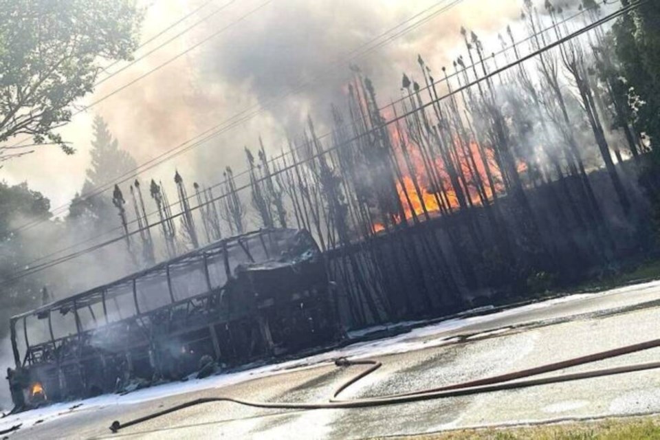 A bus carrying elementary school students from Westcot Elementary on a field trip to Cultus Lake caught fire in Chilliwack Thursday morning. Fortunately nobody was hurt and students got off the bus before the fire took hold. | Angela Bergen photo