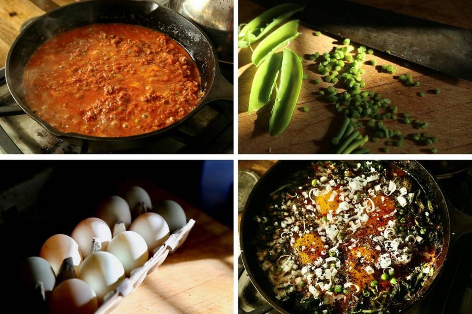 One-hundred-per-cent grass-fed bison, duck egg, mustard greens, wild garlic, parsley pea shakshuka. | Laura Marie Neubert 