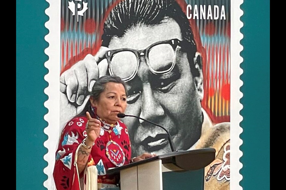 George Manuel's daughter Doreen Manuel speaks at a ceremony Mondaywhere the stamp honouring her father, the late Indigenous leader George Manuel, was unveiled. | Jane Seyd / North Shore News