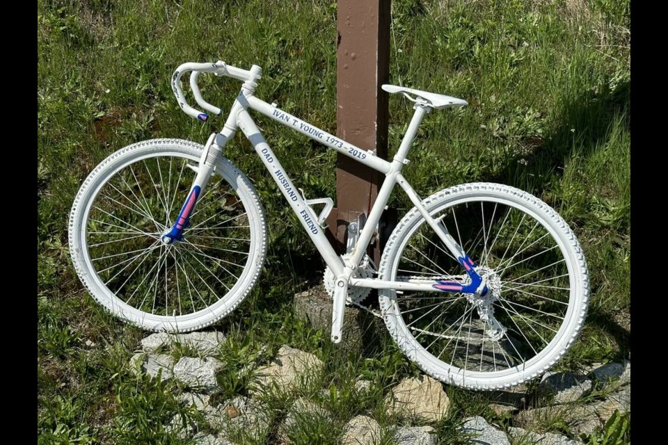 This 'Ghost Bike' was made as a tribute to avid cyclist Ivan Young, who died in a collision on Christmas Day on Cypress Bowl Road, 2019. | Bill McNaughton 