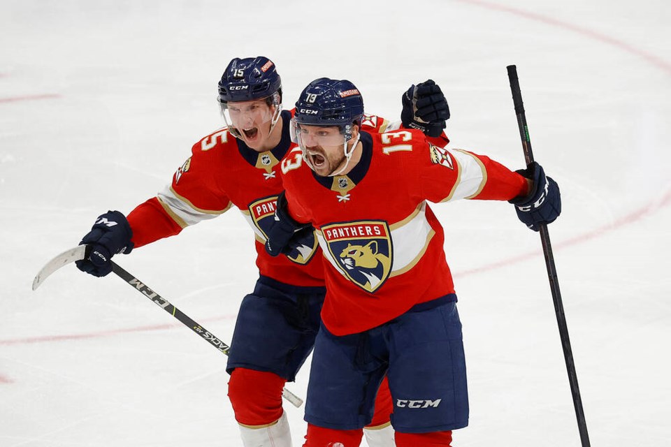 Sam Reinhart celebrates his game-winning goal in overtime against the Toronto Maple Leafs on May 7. | Florida Pathers / Twitter 