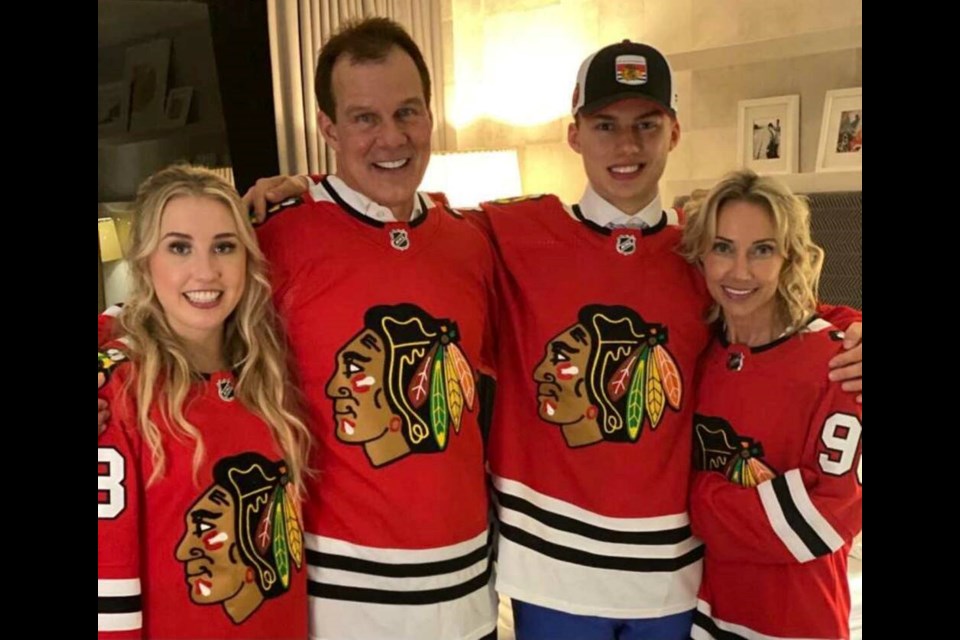 Madisen, Tom, Connor and Melanie Bedard gather in a hotel room after the Chicago Blackhawks selected Connor as the first overall pick in the 2023 NHL Draft. | Courtesy of Melanie Bedard 