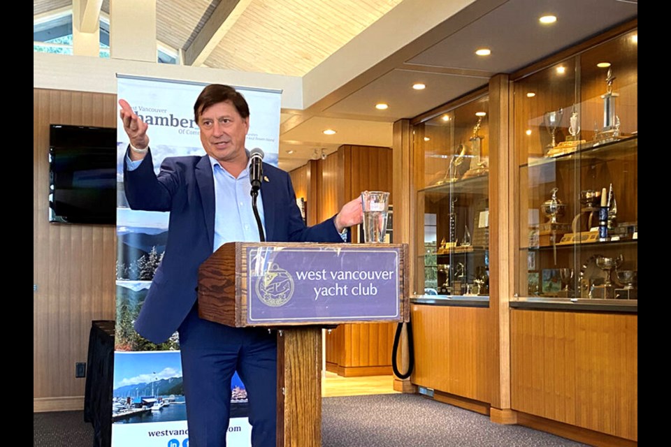 Mayor Mark Sager addresses members of the West Vancouver Chamber of Commerce at an event held March 30, 2023. Another similar event ended with a heated argument, columnist Kirk LaPointe reports. | Brent Richter / North Shore News 