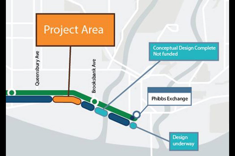 A TransLink map shows current and planned infrastructure improvements along North Vancouver’s RapidBus corridor near Phibbs Exchange. | TransLink 