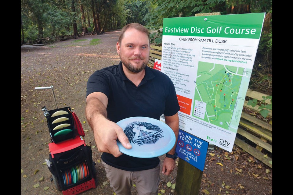 The City of North Vancouver recently reduced the number of holes at the Eastview Park disc golf course, and are considering a possible relocation of the course to reduce conflicts between park users. Disc golfer Logan Nazareno says the changes have made the course less appealing to experienced players. | Paul McGrath / North Shore News 