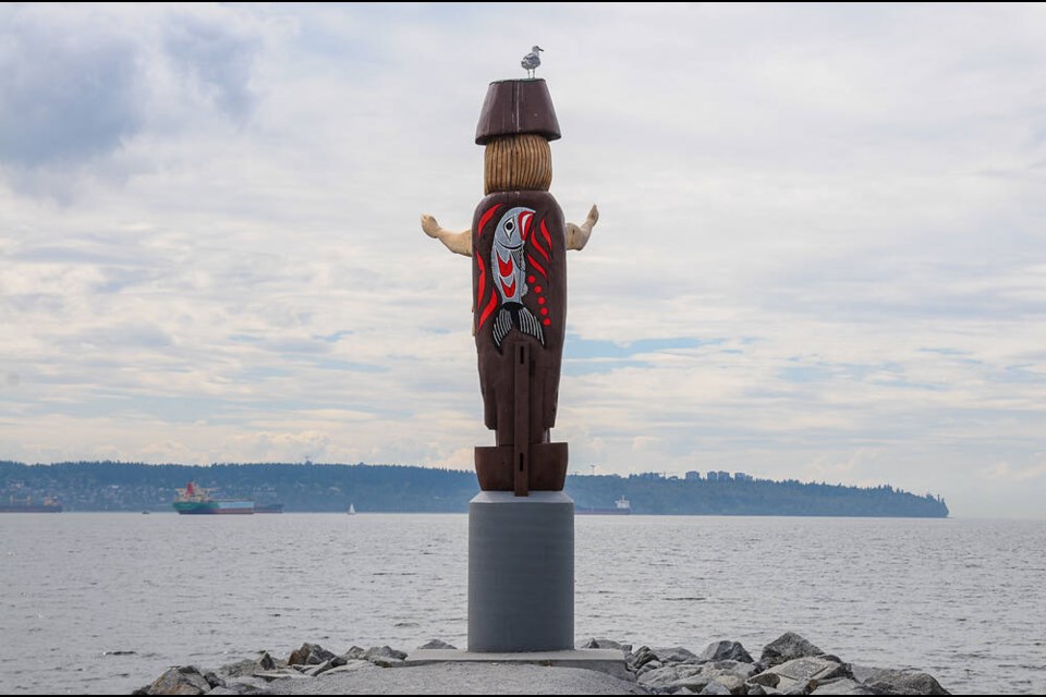 Scaffolding has been removed from around the restored Welcome Figure at Ambleside Beach in West Vancouver. Originally erected in 2001, the totem pole was also restored by its master carver Sequiliem (Stan Joseph) this year. | Paul McGrath / North Shore News 