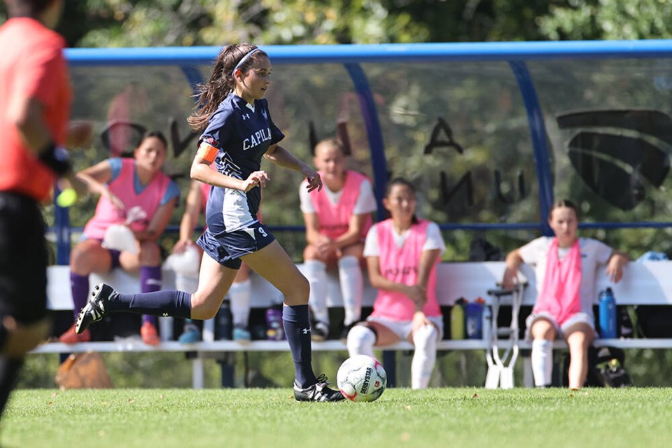 Alanah Dulong makes a play for the Capilano Blues women’s soccer team. The Seycove Secondary grad led the PacWest in scoring and was named a 2023 league all-star in her fifth and final season with the Blues. | Vancouver Sports Pictures 