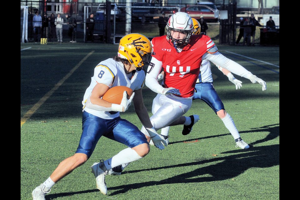 Carson Graham's Ethan Samuels tracks down a South Delta wide receiver during a senior AAA playoff game Friday at Carson's Confederation Field. | Paul McGrath / North Shore News 