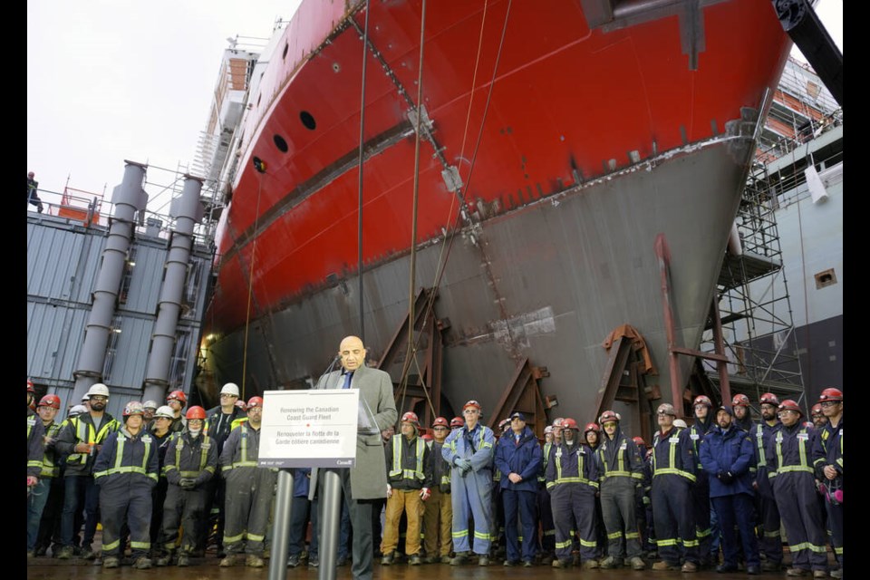 Steveston-Ricmond East Liberal MP Parm Bains addresses the crowd at a ceremony to mark a milestone in the construction of the Canadian Coast Guard’s new science vessel at Seaspan in North Vancouver, Nov. 15, 2023. 