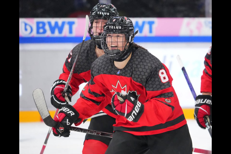 North Vancouver defender Chloe Primerano celebrates after scoring a goal against Czechia on Saturday at the IIHF U18 World Women’s Championship. | Team Canada / X 
