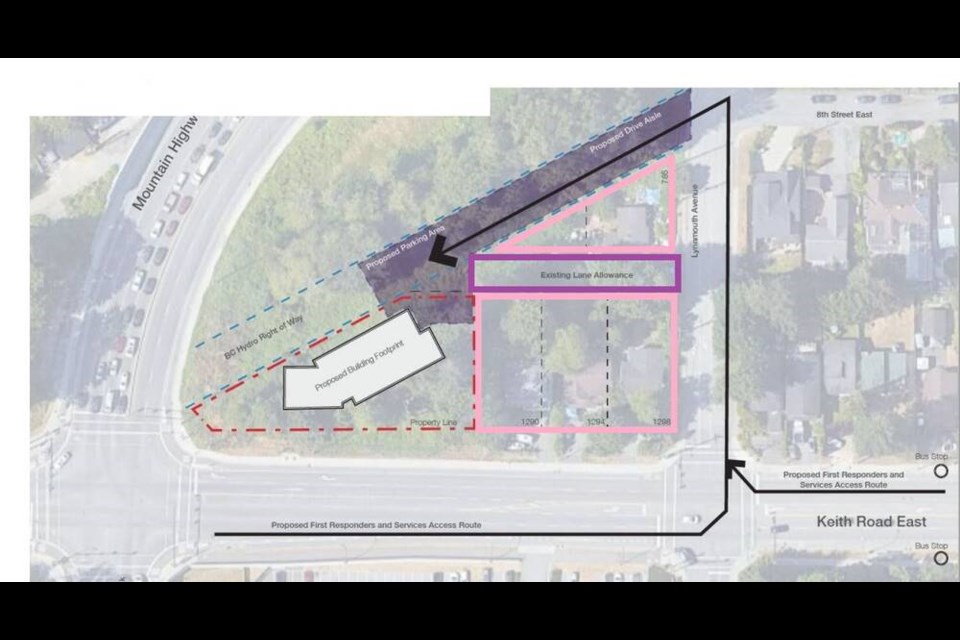 A map with drawings shows the proposed supportive housing site and adjacent properties. Pink lines (added) show where the properties that Graham Alexander claims are in conflict with the proposal. Purple lines (added) show an existing lane allowance. Alexander alleges that the planned development would block future traffic if a lane were built there. | District of North Vancouver, additional drawing added by Nick Laba / North Shore News 