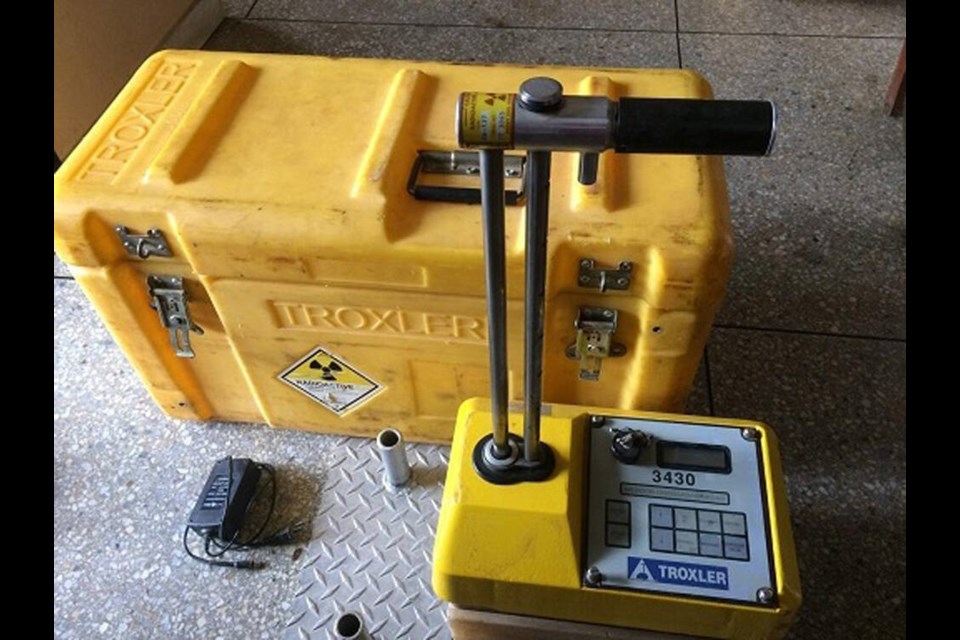 Surrey RCMP members recovered this nuclear soil moisture density gauge after it was reported stolen from North Vancouver last week. | North Vancouver RCMP 