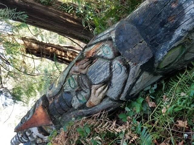 North Vancouver walker Connie Flett stumbled across a discarded totem pole while out on the trails in North Vancouver’s Whey-ah-Wichen/Cates Park. | Connie Flett 