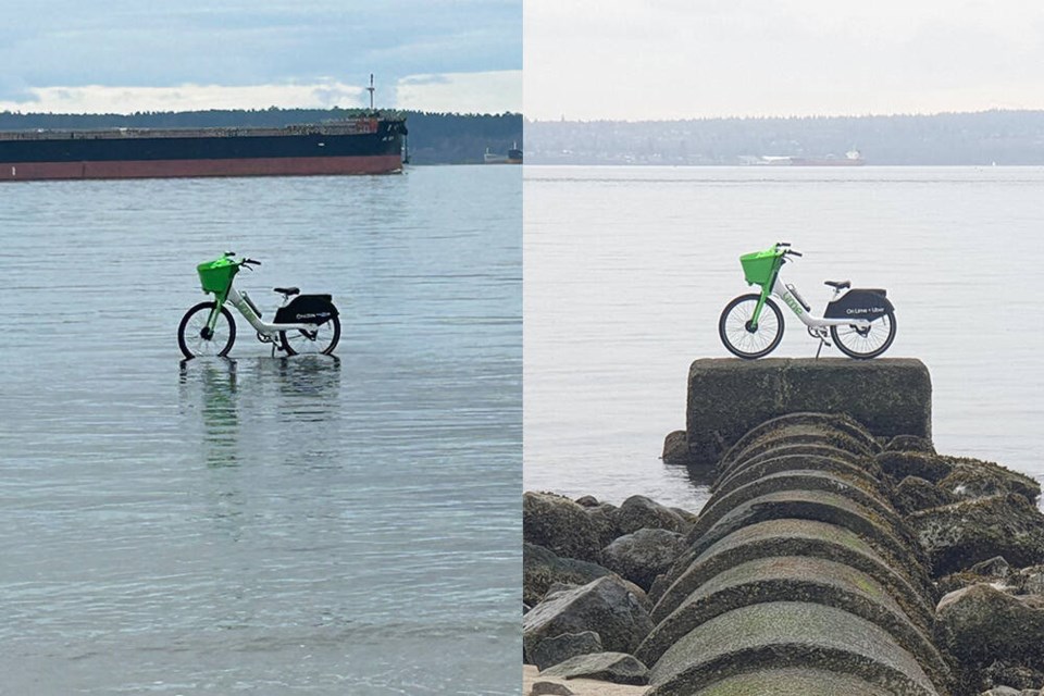 The sea level was up to the Lime bike’s tires at around 9 a.m., and receded to expose the storm drain pipe under it at around 10:30 a.m. on Saturday near Ambleside Beach in West Vancouver. | Linda Munro / Shohreh Bagheri (composite image) 