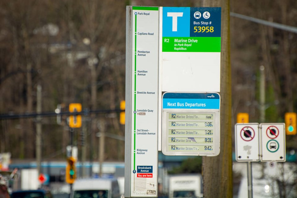 According to the sign, the next bus arrives ‘now,’ but no public transit is in sight. | Nick Laba / North Shore News 
