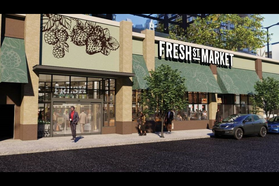 A rendering shows the new Fresh St. Market façade on Esplanade in North Vancouver. | Georgia Main Food Group 