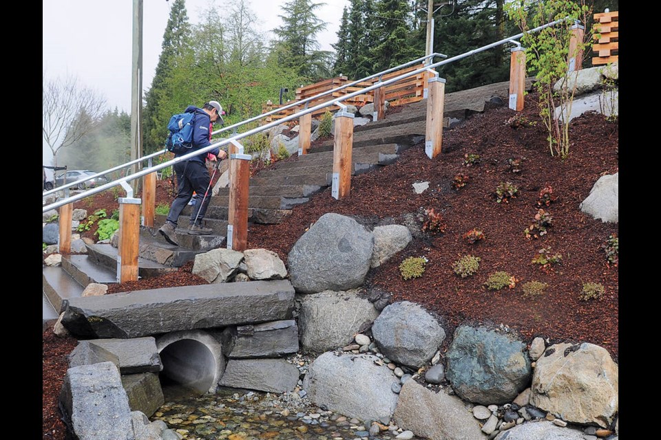 The base of the Grouse Grind trail has been revitalized by Metro Vancouver with new signage, seating and a new gateway for the trailhead. The iconic hiking trail opens for the season at 7 a.m. on Saturday, April 27. | Paul McGrath / North Shore News 