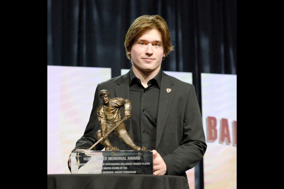 North Vancouver’s Macklin Celebrini receives the 2024 Hobey Baker Award. | Hobey Baker Memorial Award Foundation / X 