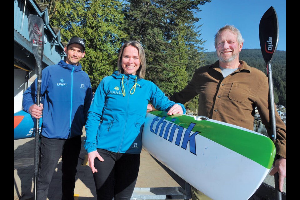 Deep Cove Kayak’s Bob Putnam (far right), seen here with paddlesport experts Karly and Mike Darbyshire, created the weekly Tuesday Night Race event 25 years ago, in the summer of 1998. | Paul McGrath / North Shore News 