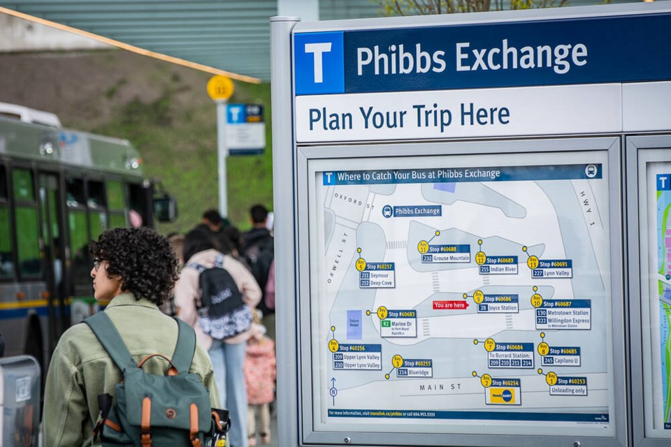 A sign shows where the various bus stops are located at Phibbs Exchange in North Vancouver. | Nick Laba / North Shore News 