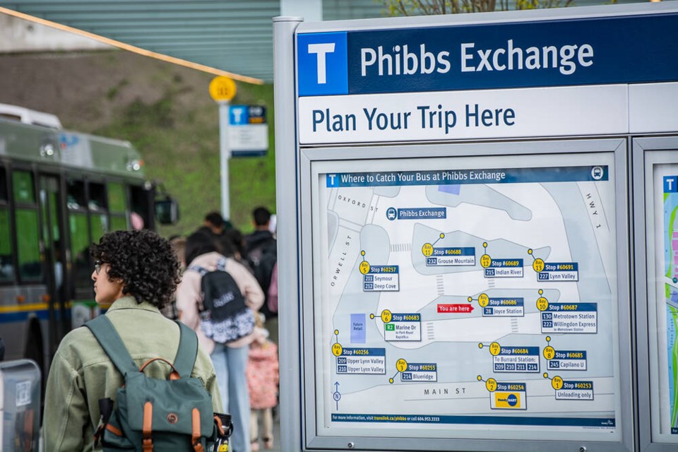 A sign shows where the various bus stops are located at Phibbs Exchange in North Vancouver. | Nick Laba / North Shore News 
