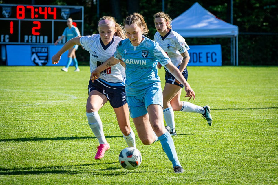 Altitude’s Maya Morrell battles for the ball in the final moments of regular time. | Nick Laba / North Shore News 