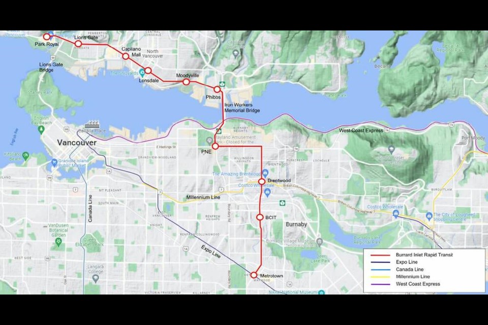 A map shows the potential route of rapid transit from Metrotown in Burnaby to Park Royal in West Vancouver.  | Courtesy of District of North Vancouver
