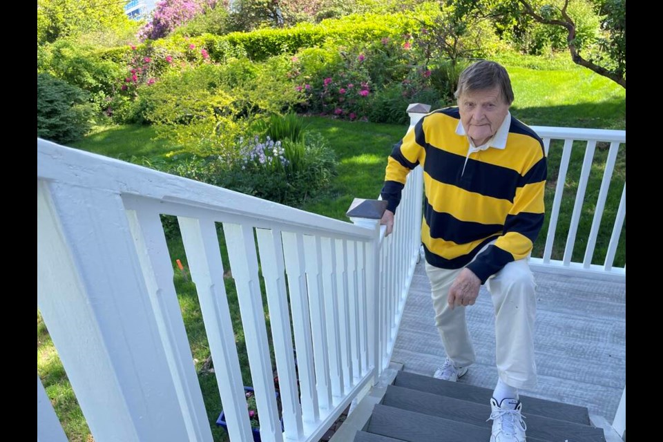 Former West Van MLA Ralph Sultan stays active at 90, taking the stairs at his West Vancouver home. | Jane Seyd / North Shore News 