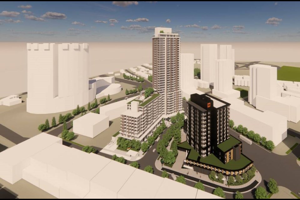 Replacing the Best Western and Econo Lodge sites on Capilano Road near Marine Drive, the new development would house 478 purpose-built rental units – 48 of them at below-market rates – and 171 hotel rooms. | Chard Development Ltd. 