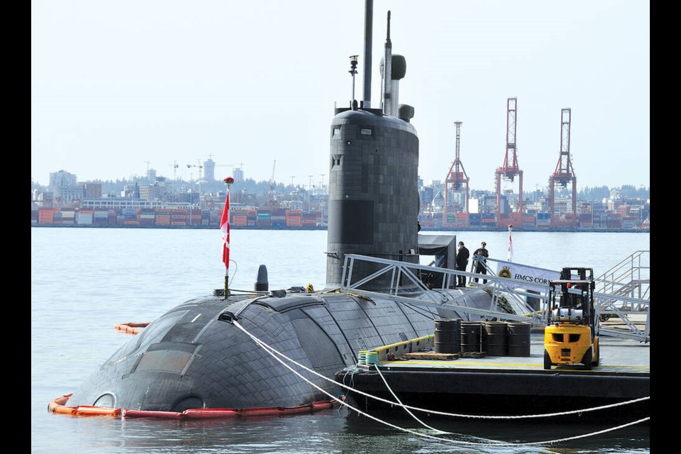 Royal Canadian Navy submarine HMCS Corner Brook is back in service after a lengthy refit and repair. It will depart from Burrard Dry Dock Pier in North Vancouver on Tuesday, April 8. | Paul McGrath / North Shore News 