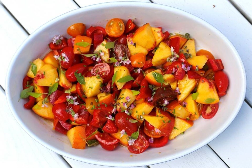 Homegrown summer salad: currant and cherry-type tomatoes with peppers and stone fruit. | Laura Marie Neubert 