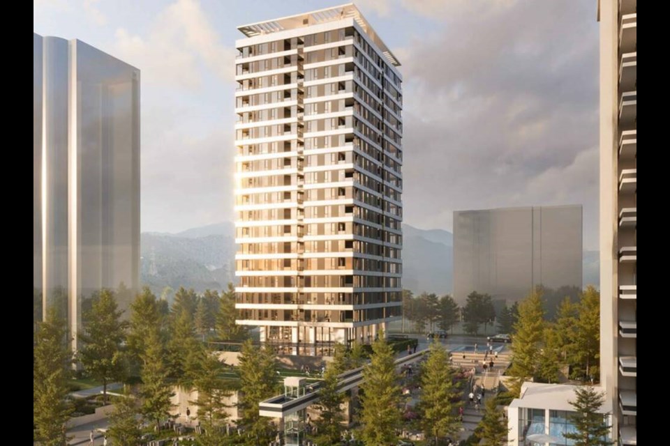 A rendering shows a proposed 19-storey apartment tower at 1552 Esquimalt Ave. in West Vancouver. | Wall Financial Corp. 