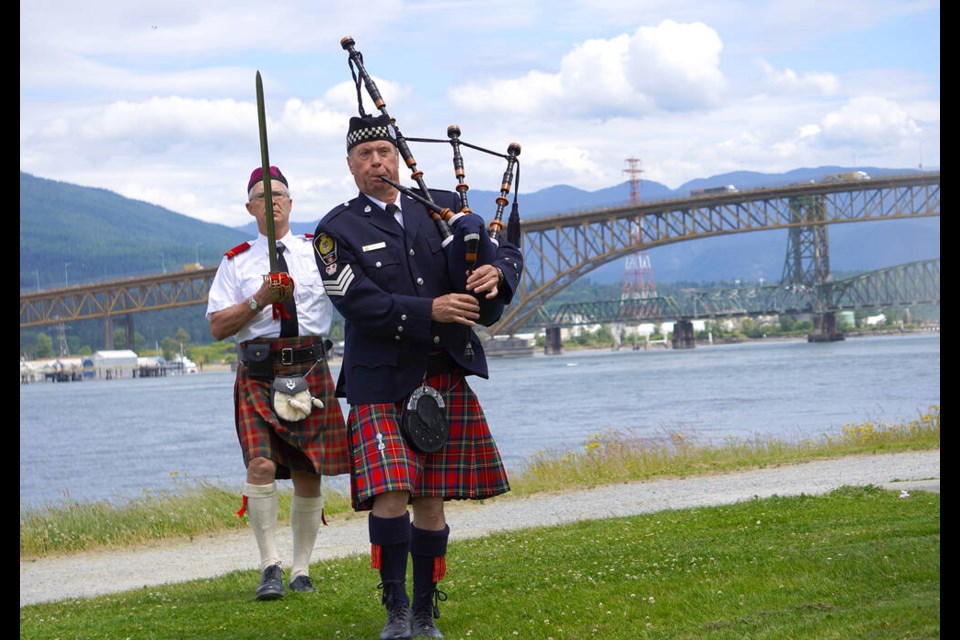 Piper Owen Reid opens the 67th annual memorial for the workers killed in 1958 Second Narrows Bridge collapse at the anniversary event, June 17, 2025. | Brent Richter / North Shore News
