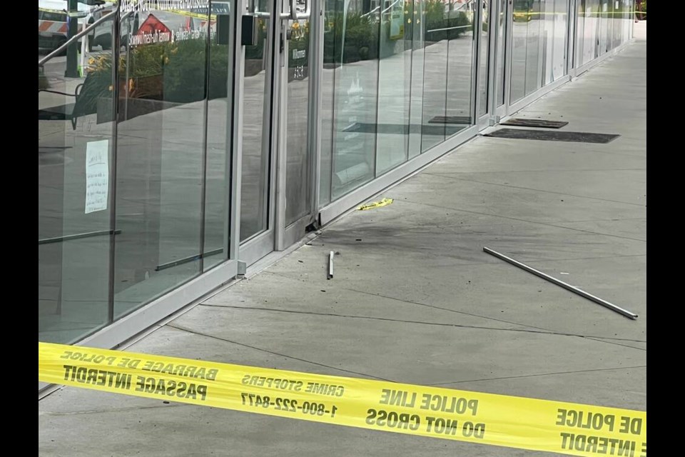 Marks from an explosion can be seen on the door and pavement in front of North 鶹ýӳMLA Bowinn Ma’s office. | Pat Bell 