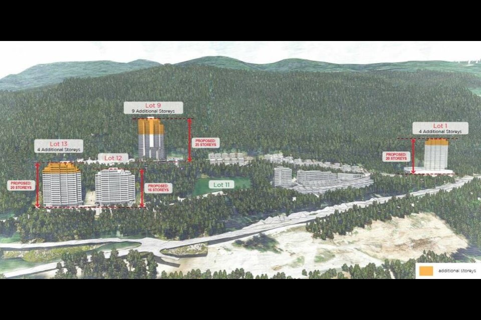 A developer’s image shows the additional height added to towers in the Beedie Uplands development. | District of West Vancouver 