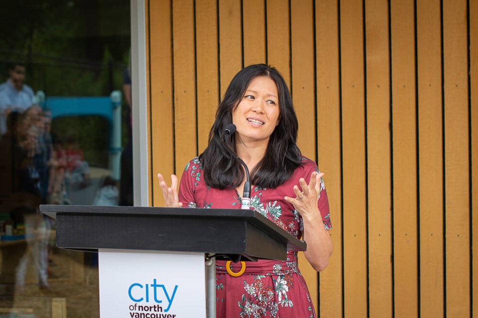 North Vancouver MLA Bowinn Ma speaks at the opening of a new childcare centre in Mahon Park, nearly a week after the explosion at her Lower Lonsdale office. | Nick Laba / North Shore News 