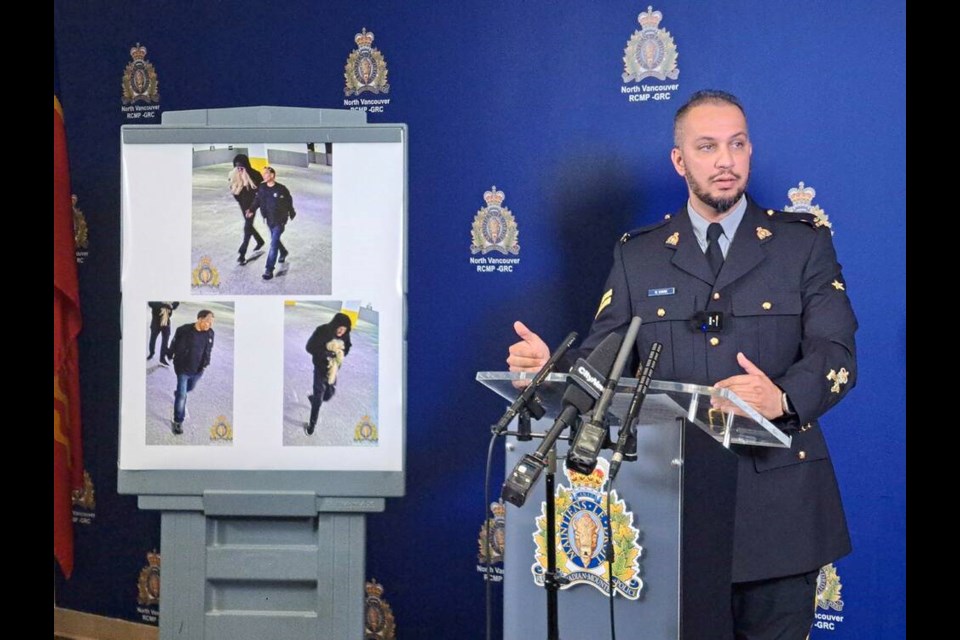 North Vancouver RCMP spokesperson Cpl. Mansoor Sahak reveals images of the suspects on Tuesday. | Nick Laba / North Shore News 