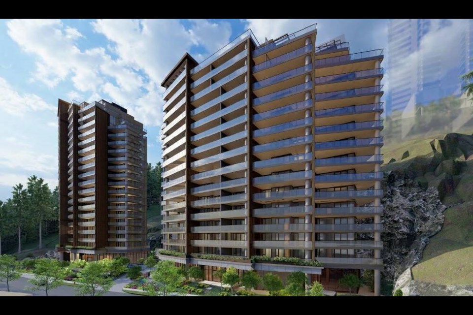 A developer’s image shows two of the proposed strata towers that are part of an updated proposal for the Beedie Uplands development in West Vancouver. | Beedie Living 
