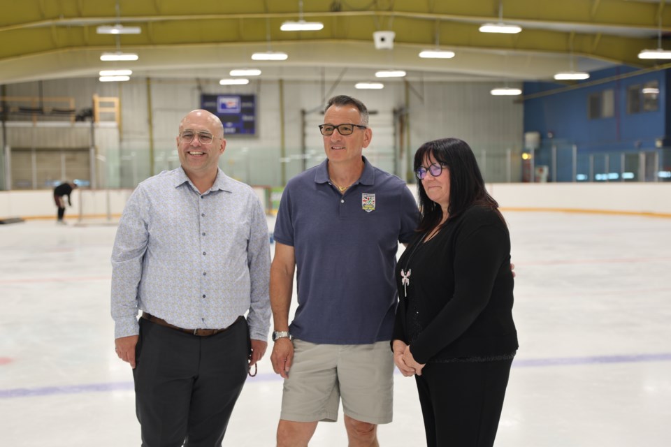 Ignace CAO Aaron Gullins, Kenora-Rainy River MPP Greg Rickford and Ignace mayor Kim Baigrie inside the Ignace Recreation Complex on July 3, 2025.