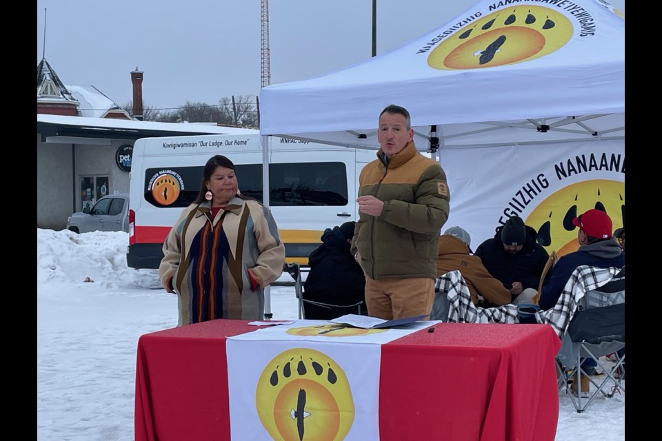 Charlene Mandamin (left), WNHAC board president, listens as Kenora MPP Greg Rickford announces $28 million in funding for a new health centre on Jan. 9, 2025.