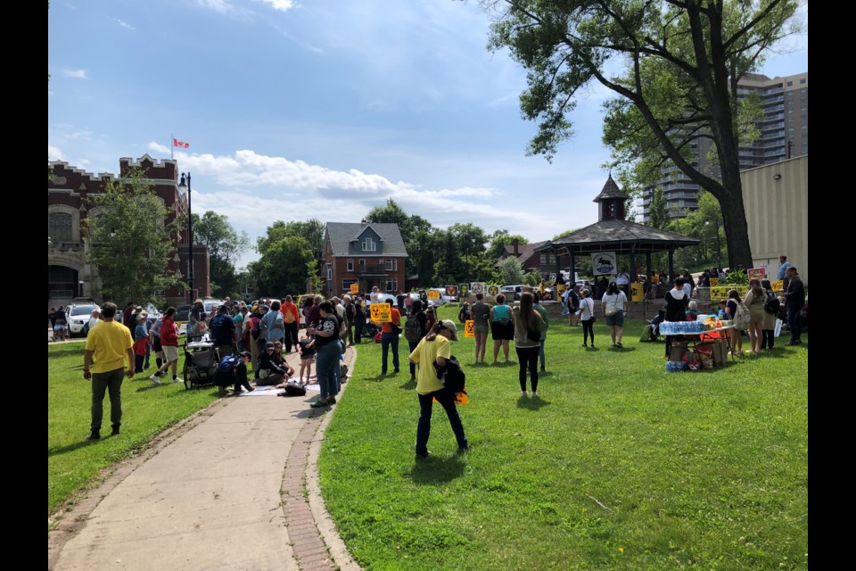 Participants at an anti-nuclear waste rally in Thunder Bay's Waverley Park on July 4, 2025.