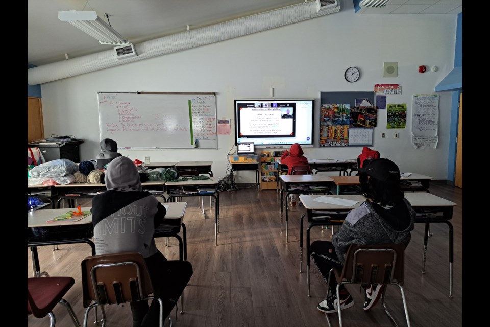 In partnership with Mikinakoos Children’s Fund, Guru Studio’s animation director teaches Mishkeegogamang students virtual art. (photo by Mikinakoos Children's Fund)