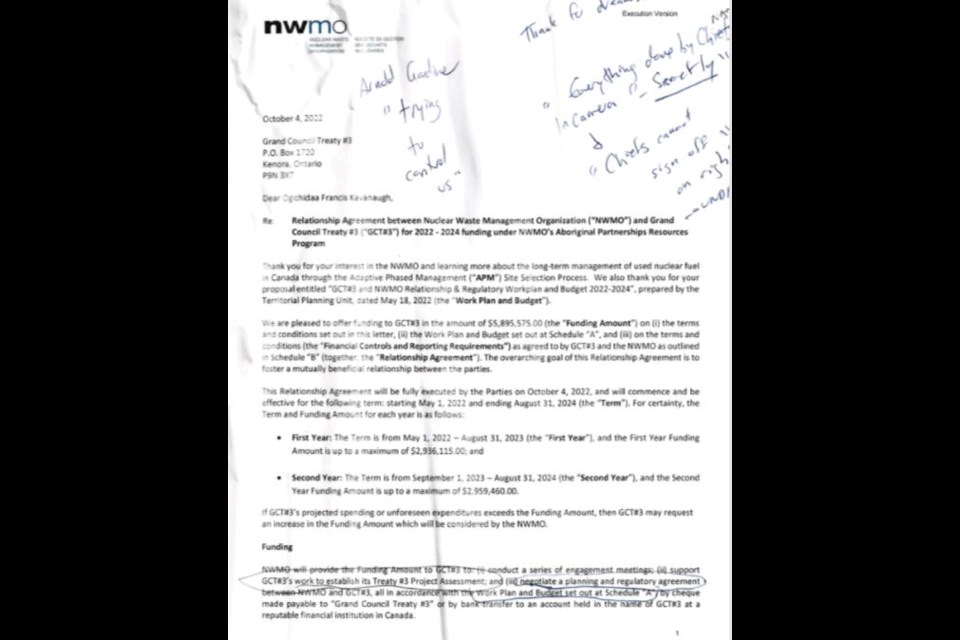 Onigaming Chief Jeff Copenace shared images of an agreement between the NWMO and Grand Treaty #3 on social media. (Facebook)